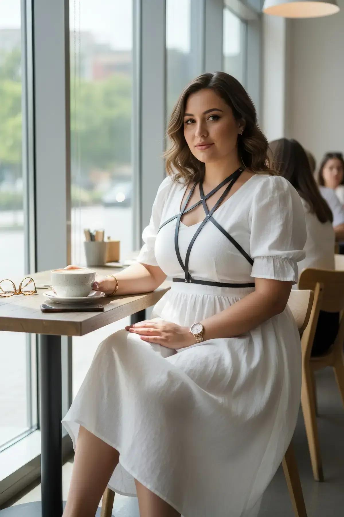 Göğüs merkezinde yıldız formasyonu gösteren siyah PU deri çapraz askılı göğüs harness ön görünüm