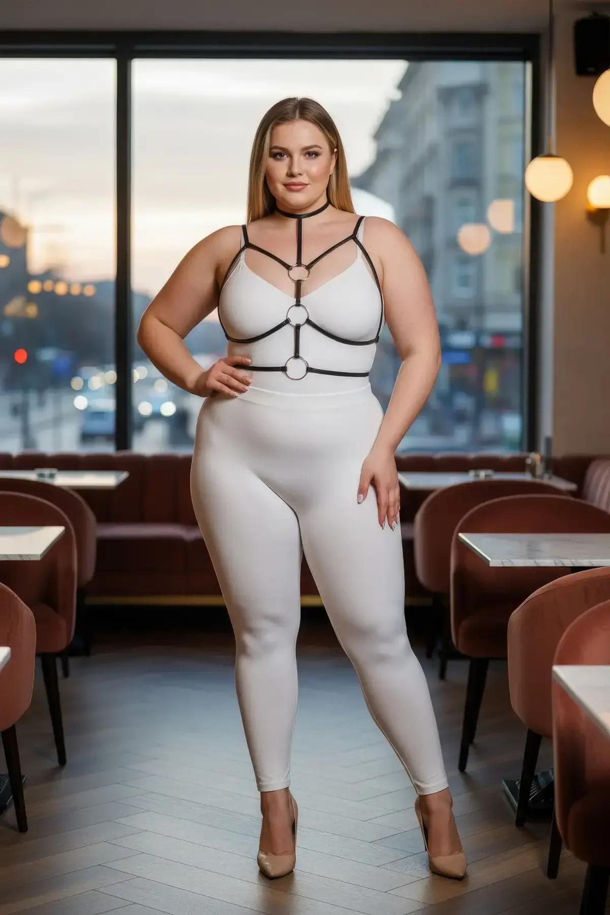 Cilt üzerinde 1 cm genişliğinde siyah suni deri harness bantları ve rose-gold halka aksesuar detay çekimi