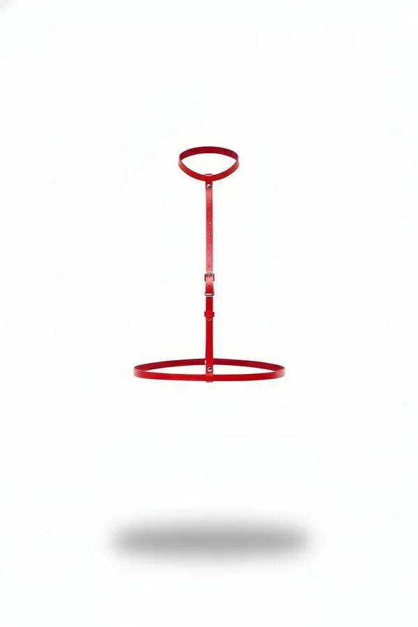 dairesel çoker halkası, tek ayarlanabilir dikey askı ve oval bel halkasıyla kırmızı suni deri vücut harness, gümüş tonlu
