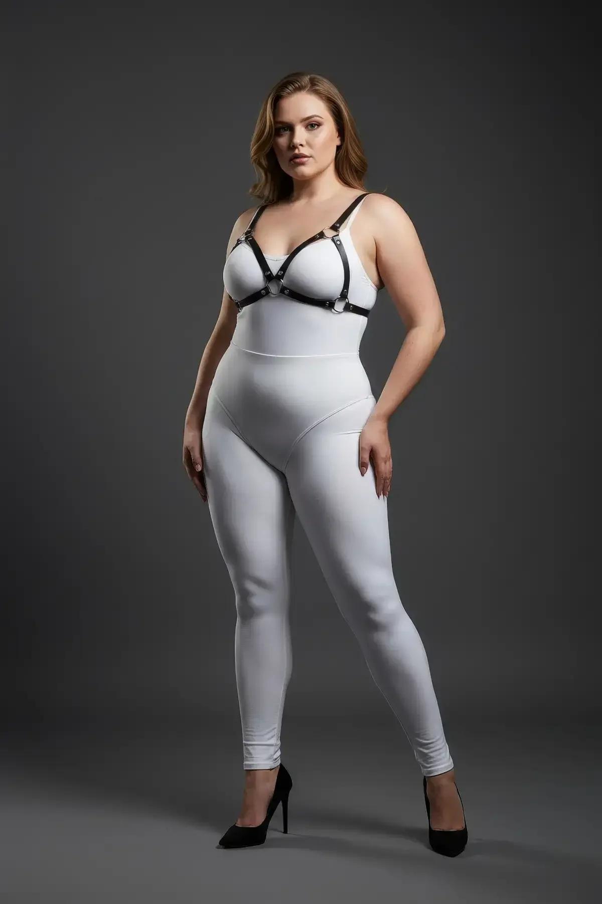 Göğüste gümüş metal aksesuar detaylı mat siyah bantlı harness
