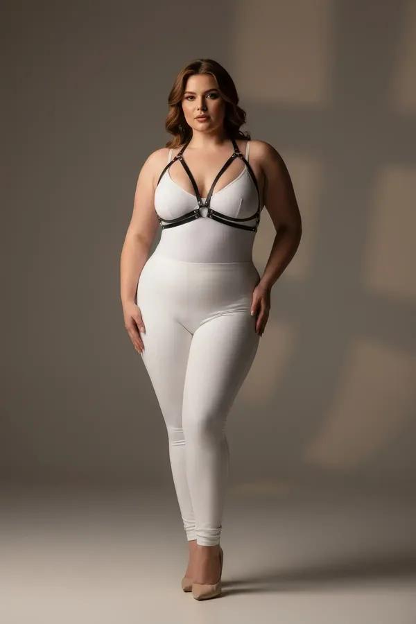 Beyaz bodysuit üzerine giyilen gümüş O-halkalı siyah suni deri göğüs harness, minimalist kafes bant tasarımı