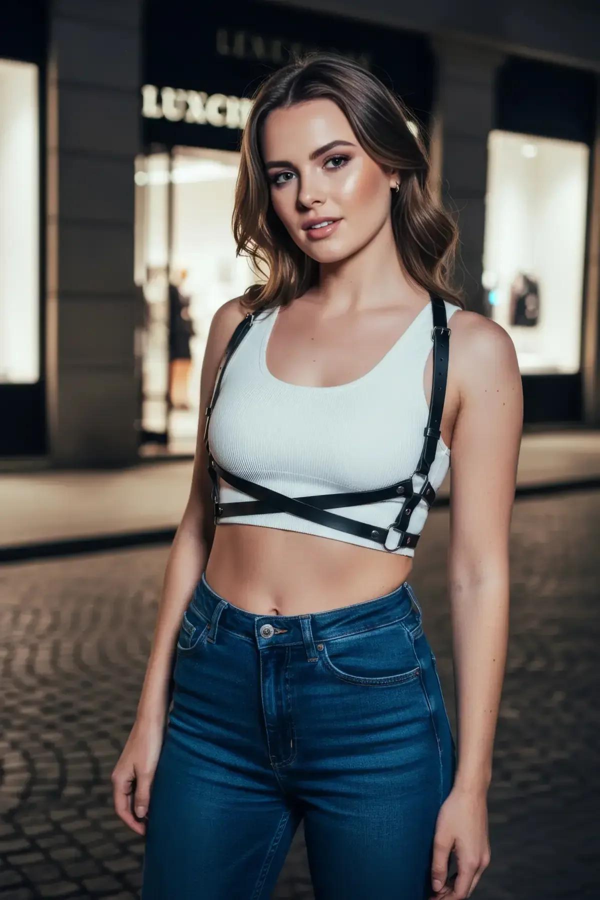beyaz crop top üzerinde gümüş toka donanımlı siyah suni deri çapraz göğüs harness