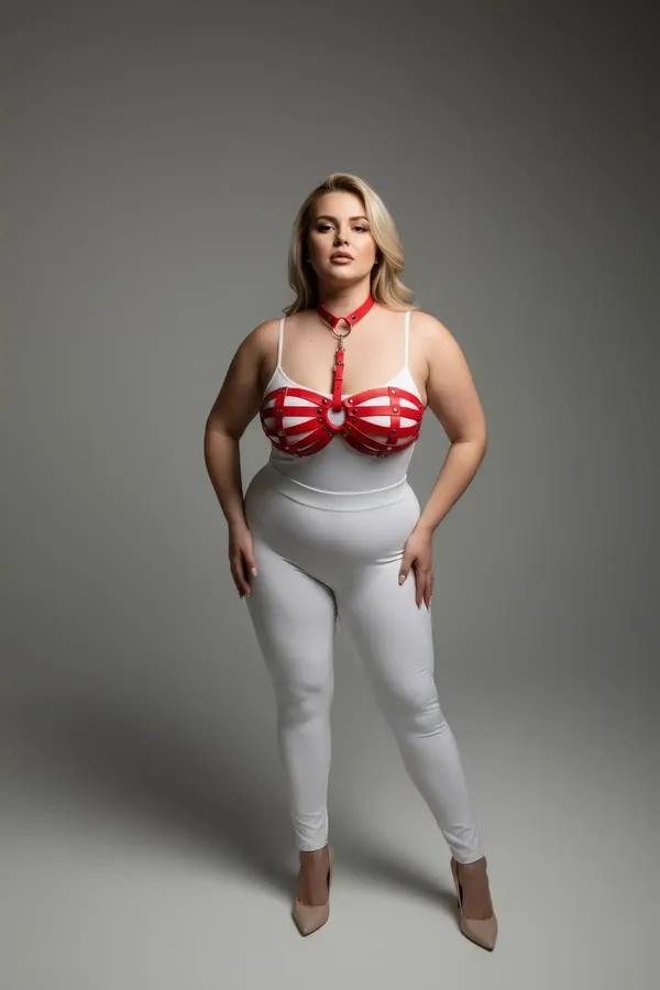 Beyaz bodysuit üzerine giyilen gümüş O-halka ve perçin detaylı kırmızı suni deri kafes göğüs harness