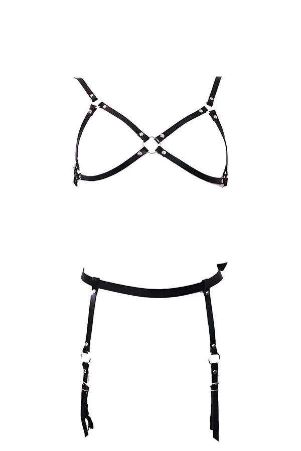 siyah vegan deri X-çapraz bra harness ve jartiyer takım gümüş O-ring ve çorap askısı klipsi