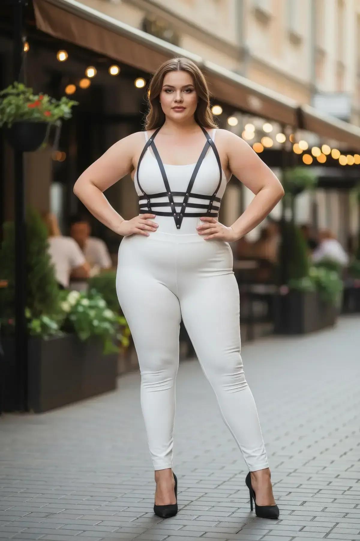 Artı beden modelde beyaz bodysuit ve tayt üzerine katmanlı siyah vegan deri vücut harness, tam boy şıklık