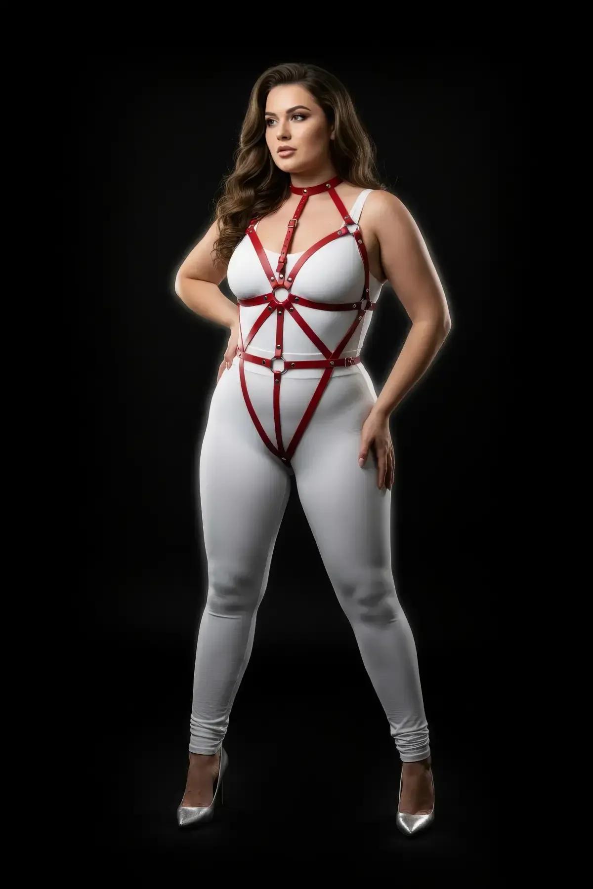 Kırmızı vücut harness boyunluk ve omuz askısı detayı, ayarlanabilir gümüş toka