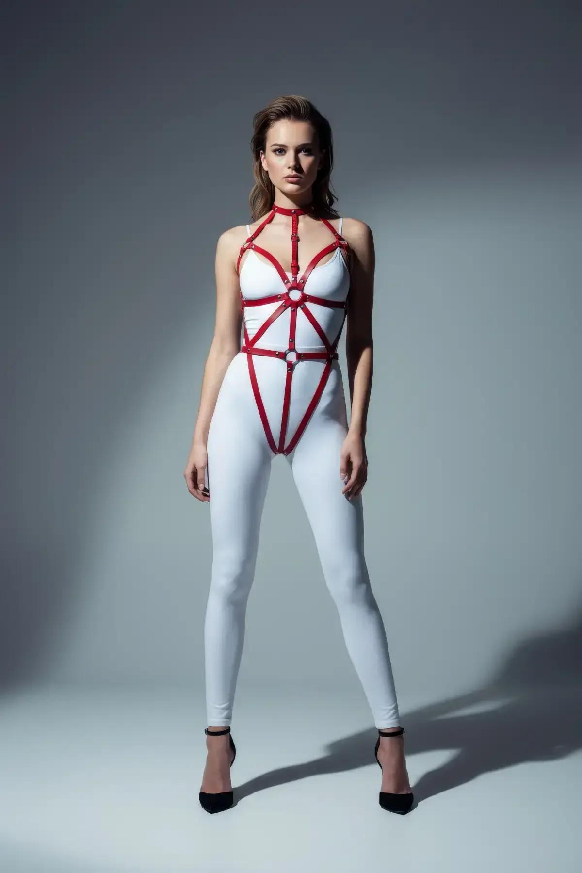 Kırmızı suni deri tam vücut harness, yayılan geometrik askılar ve gümüş O-halka detayı, beyaz body üzerinde