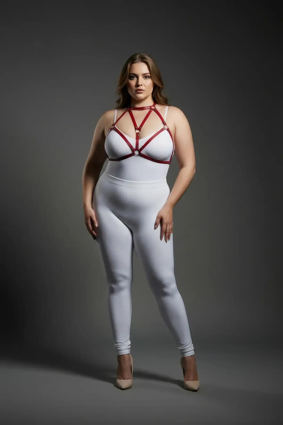 Altın O-halkalı kırmızı suni deri vücut harness, beyaz bodysuit üzerinde geometrik göğüs bant deseni
