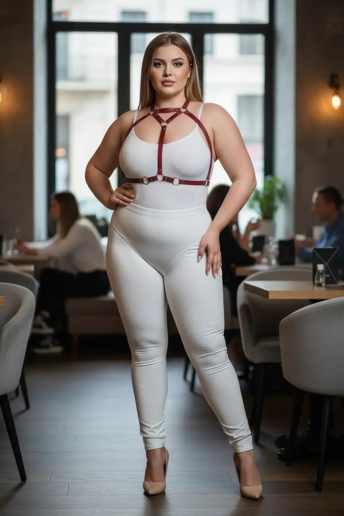 Gece görünümü için siyah dar üst üzerinde stilize kırmızı suni deri vücut harness