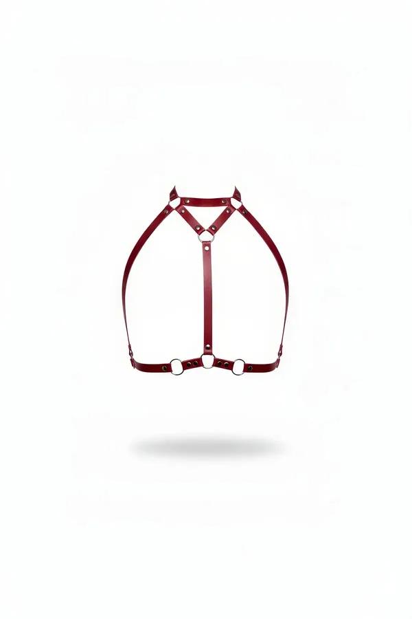 Bordo suni deri yüksek boyunluk göğüs harness, üç gümüş O-halka aksesuar ve Y-ön askı tasarımı