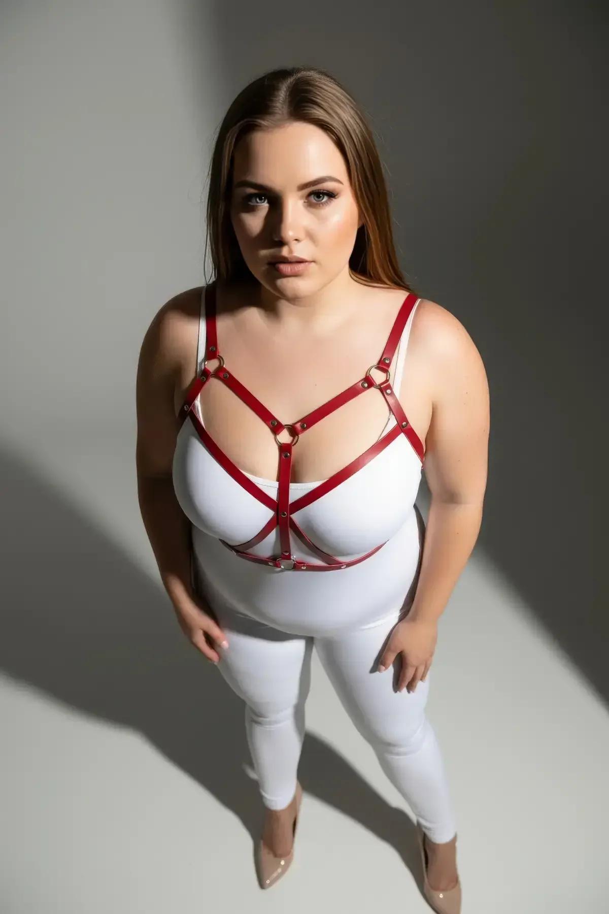 Artı beden modelde beyaz dar bodysuit üzerine katmanlı kırmızı bantlı kafes harness tam vücut görünümü