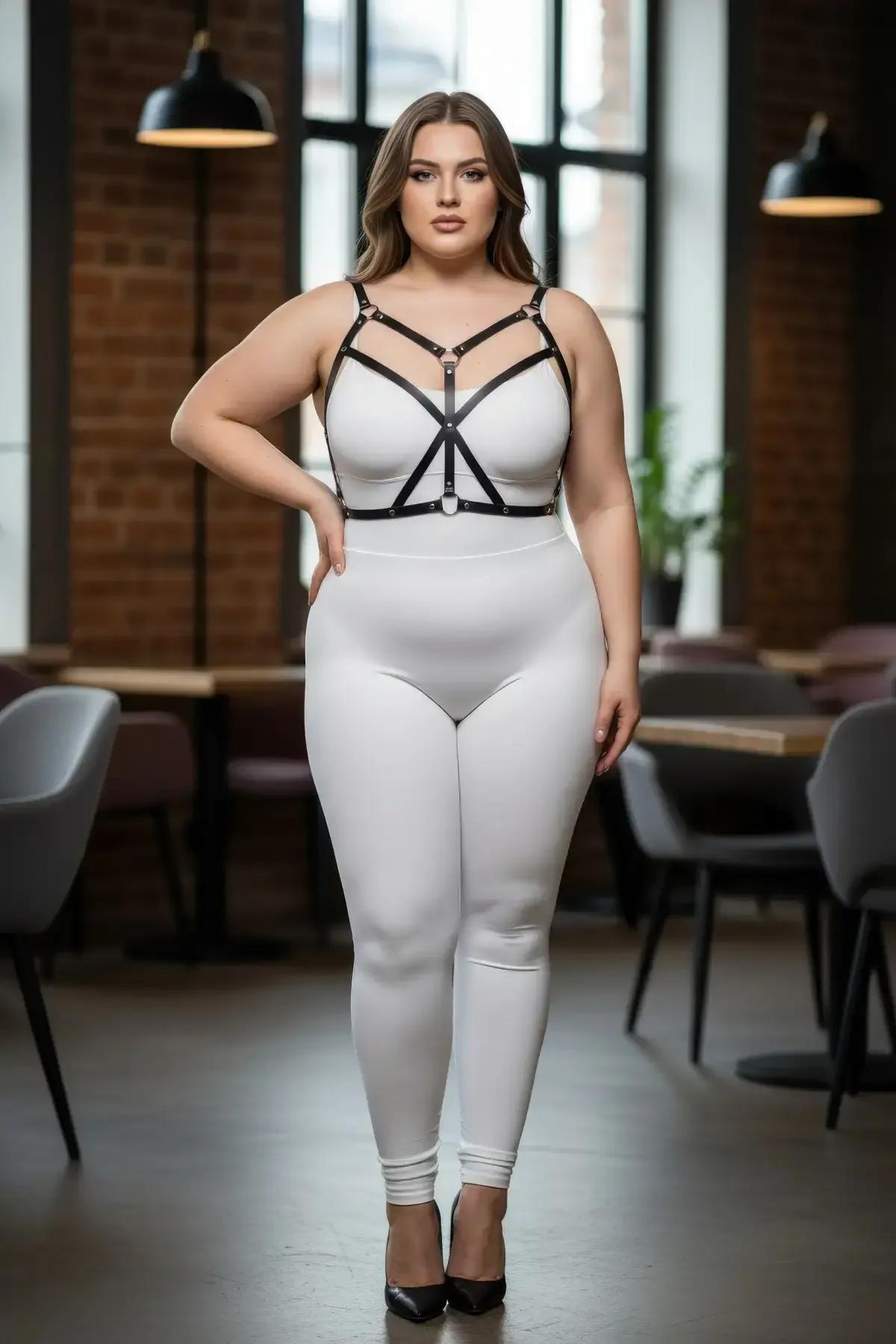 Ayarlanabilir siyah PU deri vücut harness geometrik V-kafes deseni ön görünüm