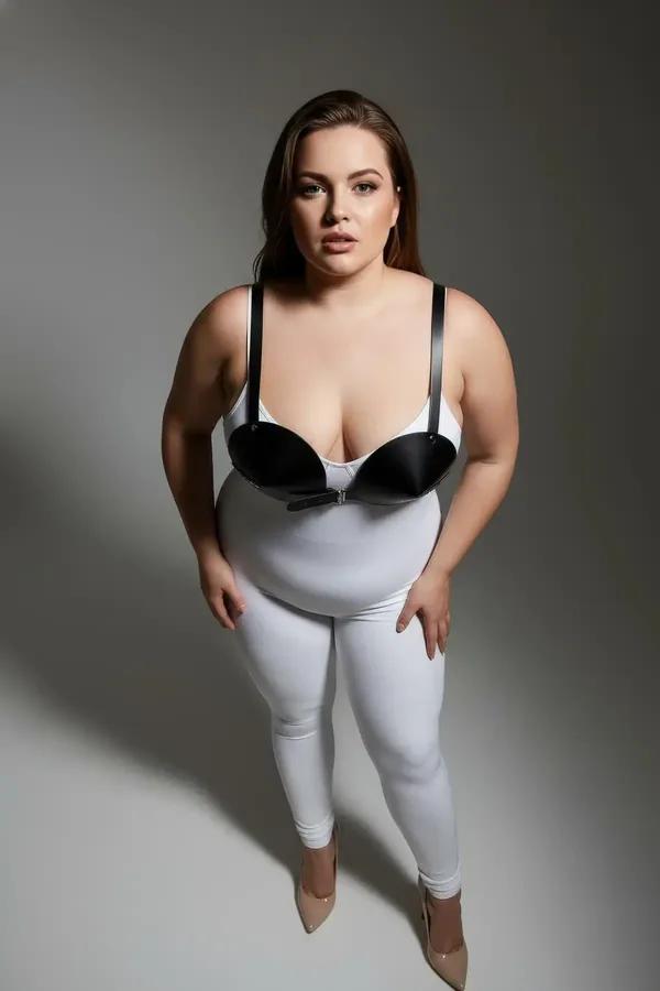 Kalıplı bardaklı ve gümüş ön kanca kapamalı siyah suni deri göğüs harness sütyen, beyaz bodysuit üzerinde