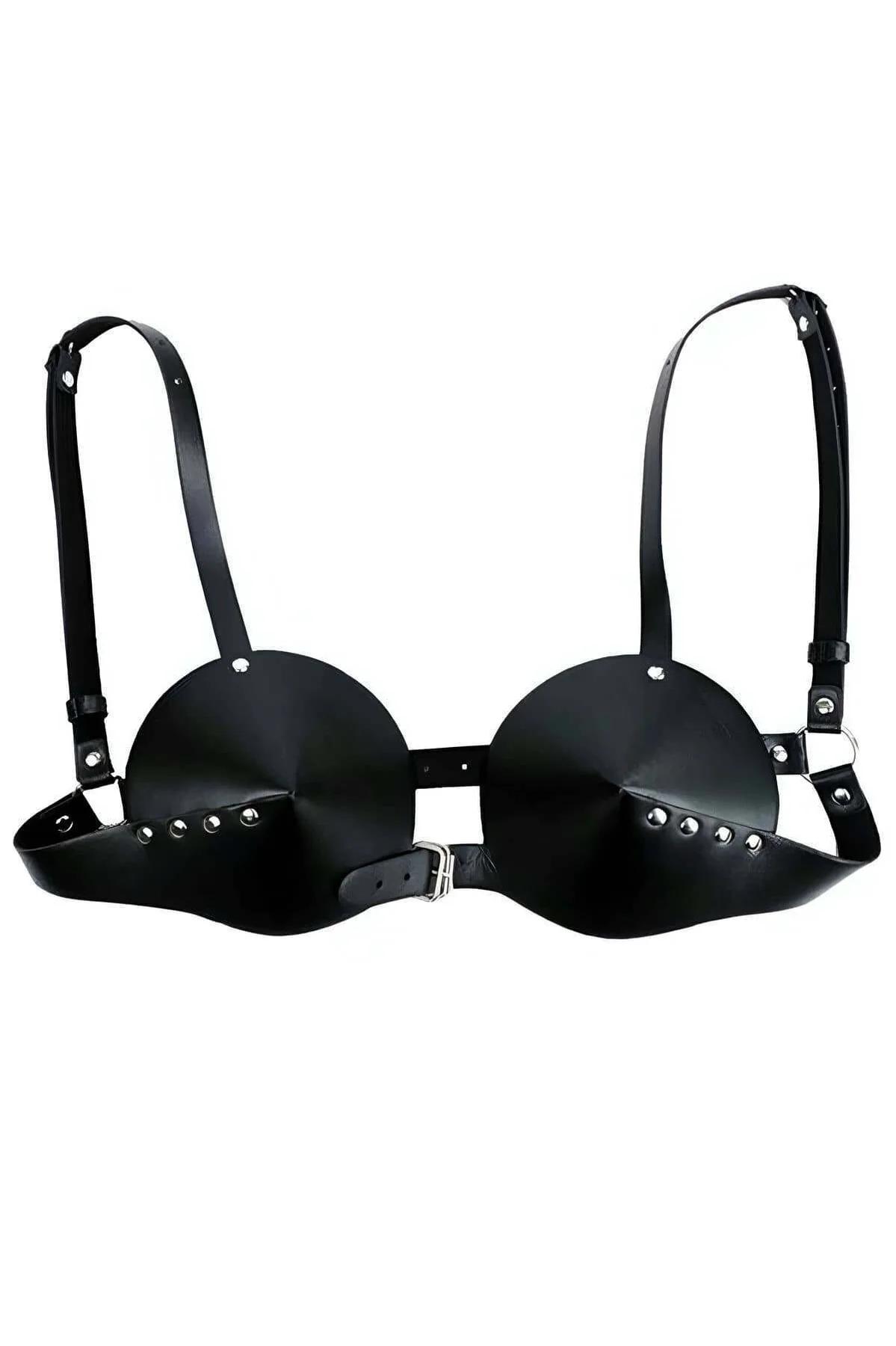 siyah vegan deri bralette harness önden görünüm merkezi metal toka detayı