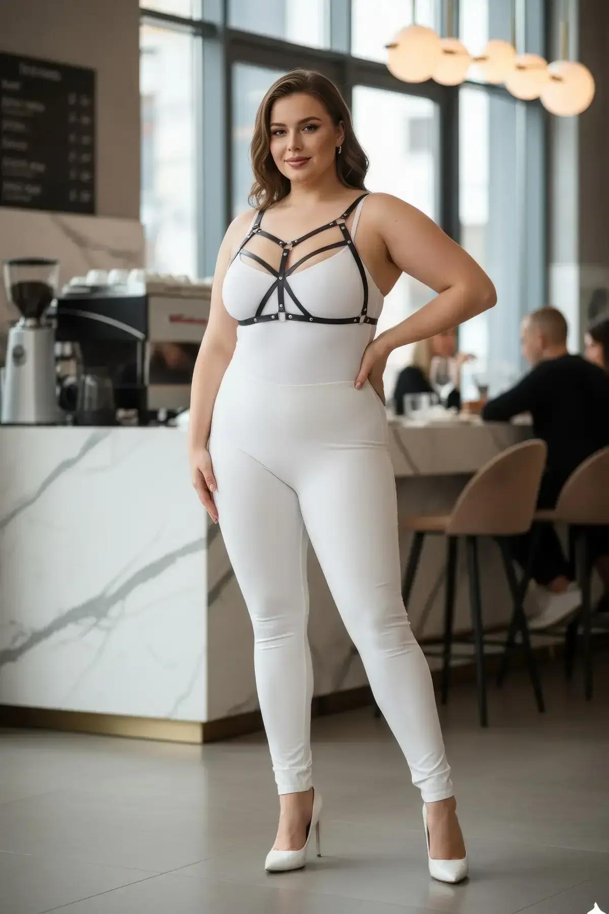 Artı beden model, beyaz dar üst üzerinde altın aksesuarlı siyah vücut harness