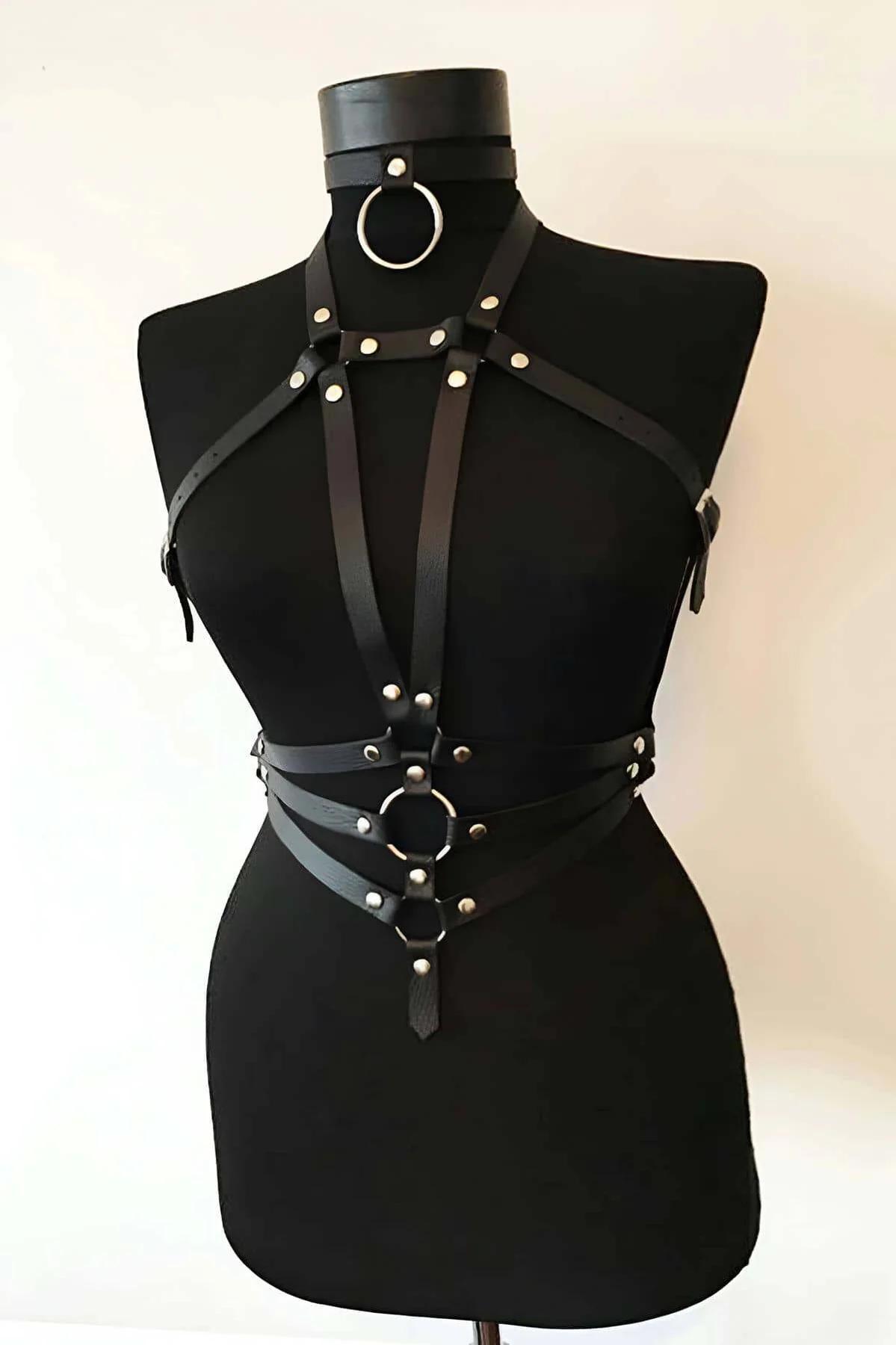 Siyah harness set yan açı, bel bandı ve merkez O-halka bağlantısı görünümü