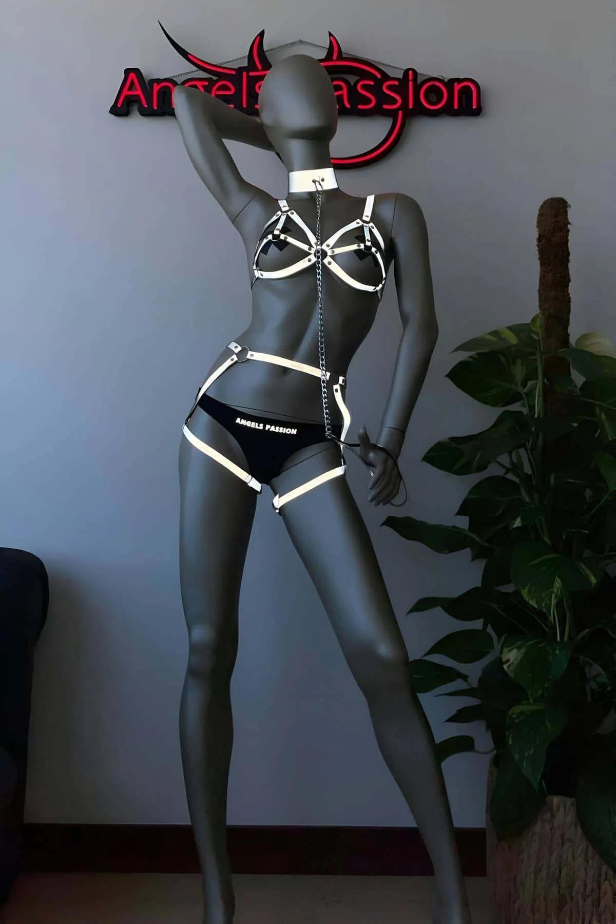 Göğüs kafesi, bel kemeri, jartiyer ve boyunlukları gösteren tam dört parçalı reflektör harness seti düz serimi
