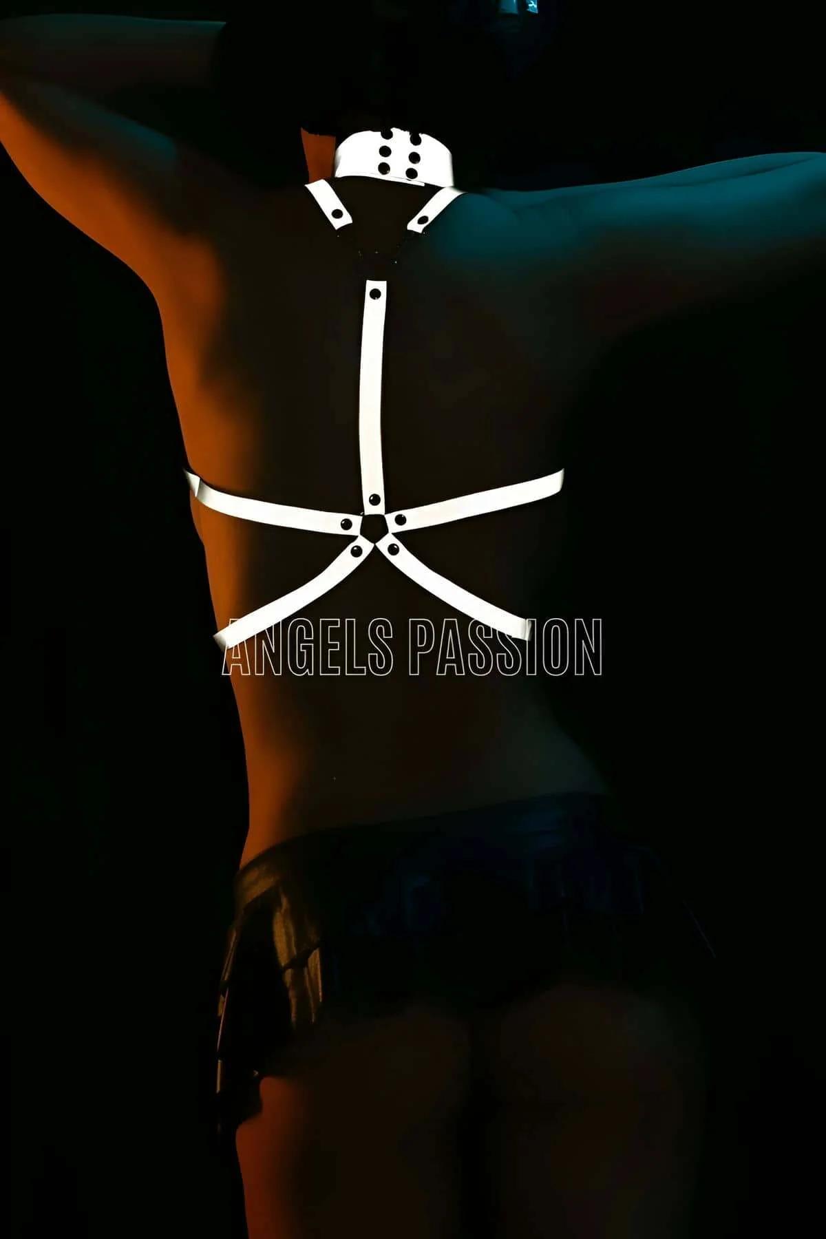 Gümüş tonlu O-halkalar ve 2 cm genişliğinde bant çapraz desenini gösteren beyaz reflektör harness göğüs detayı