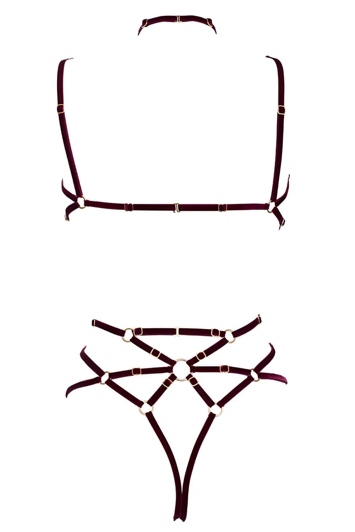 bordo kadife tam vücut harness çoker boyun parçası ve bel bandı ayarlayıcıları gösteren yan açı