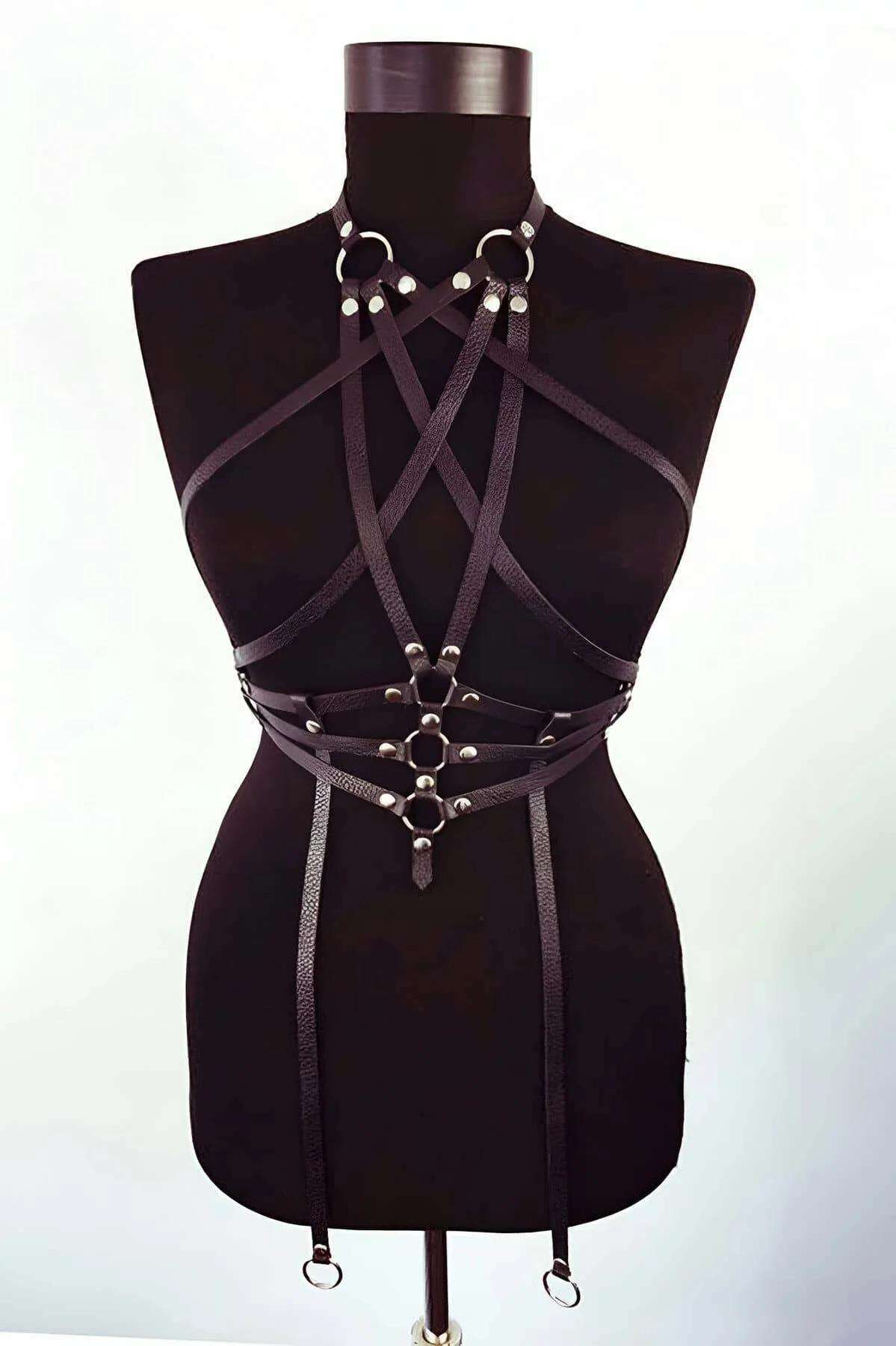 siyah suni deri body harness bel bandı üçlü O-ring bağlantı detayı