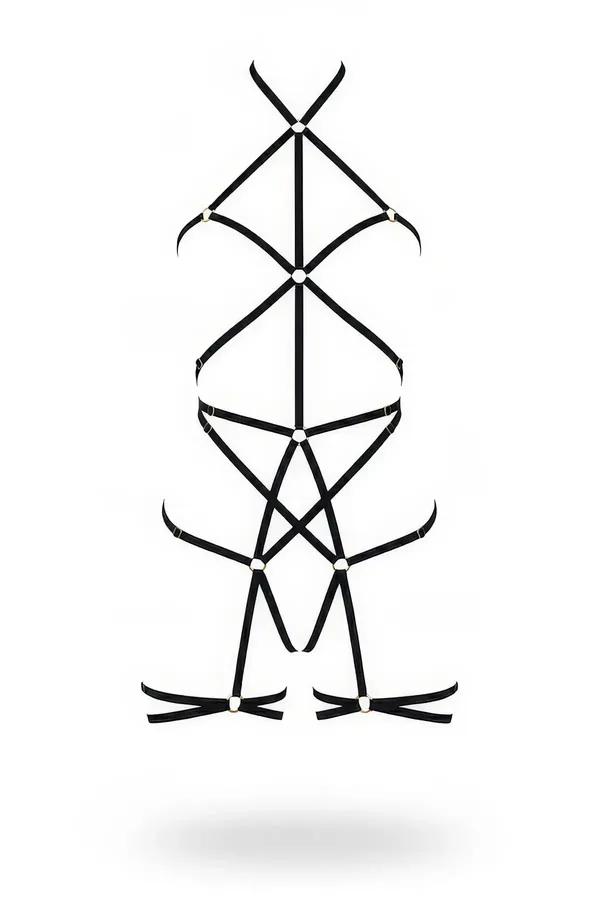 Siyah elastik kafes vücut harness, gümüş O-halkalar geometrik askı deseni göğüsten uyluğa