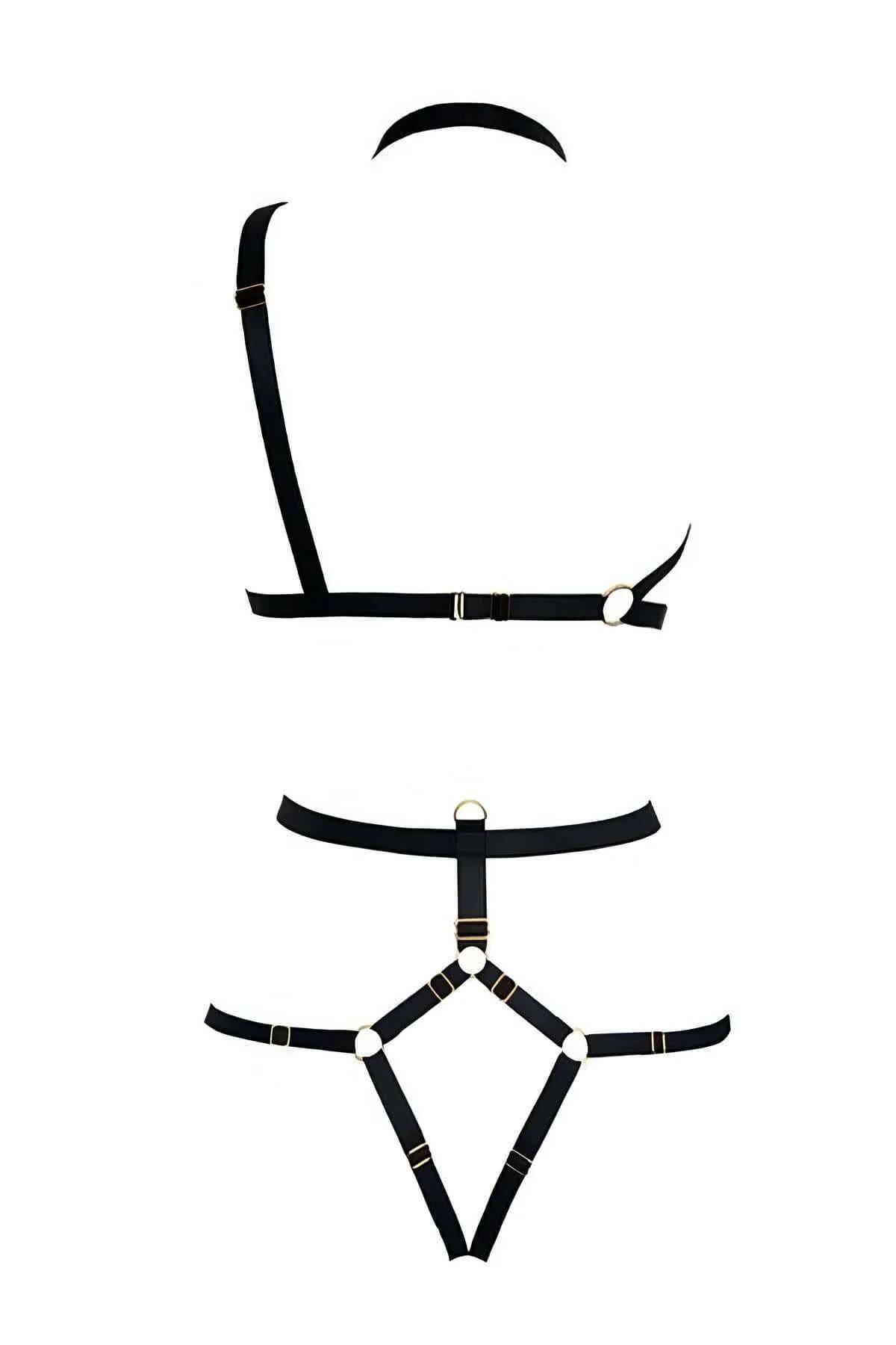 siyah suni deri tam harness set 4 parça boyunluk sütyen bel uyluk arka görünüm
