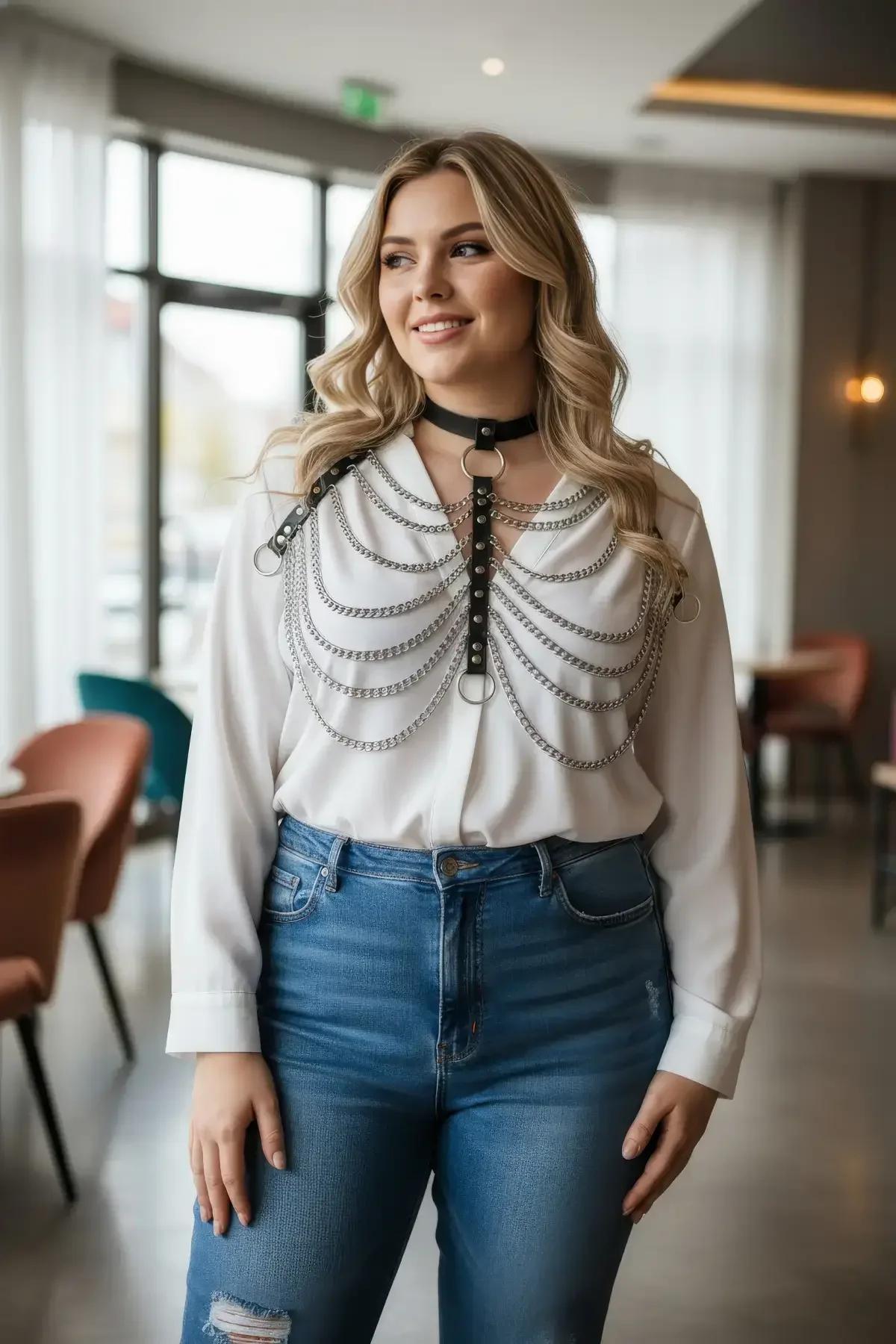 siyah vegan deri bantlı çoklu gümüş zincirli büyük beden göğüs harness aksesuar, beyaz bluz üzerinde gümüş O-halkası detayı