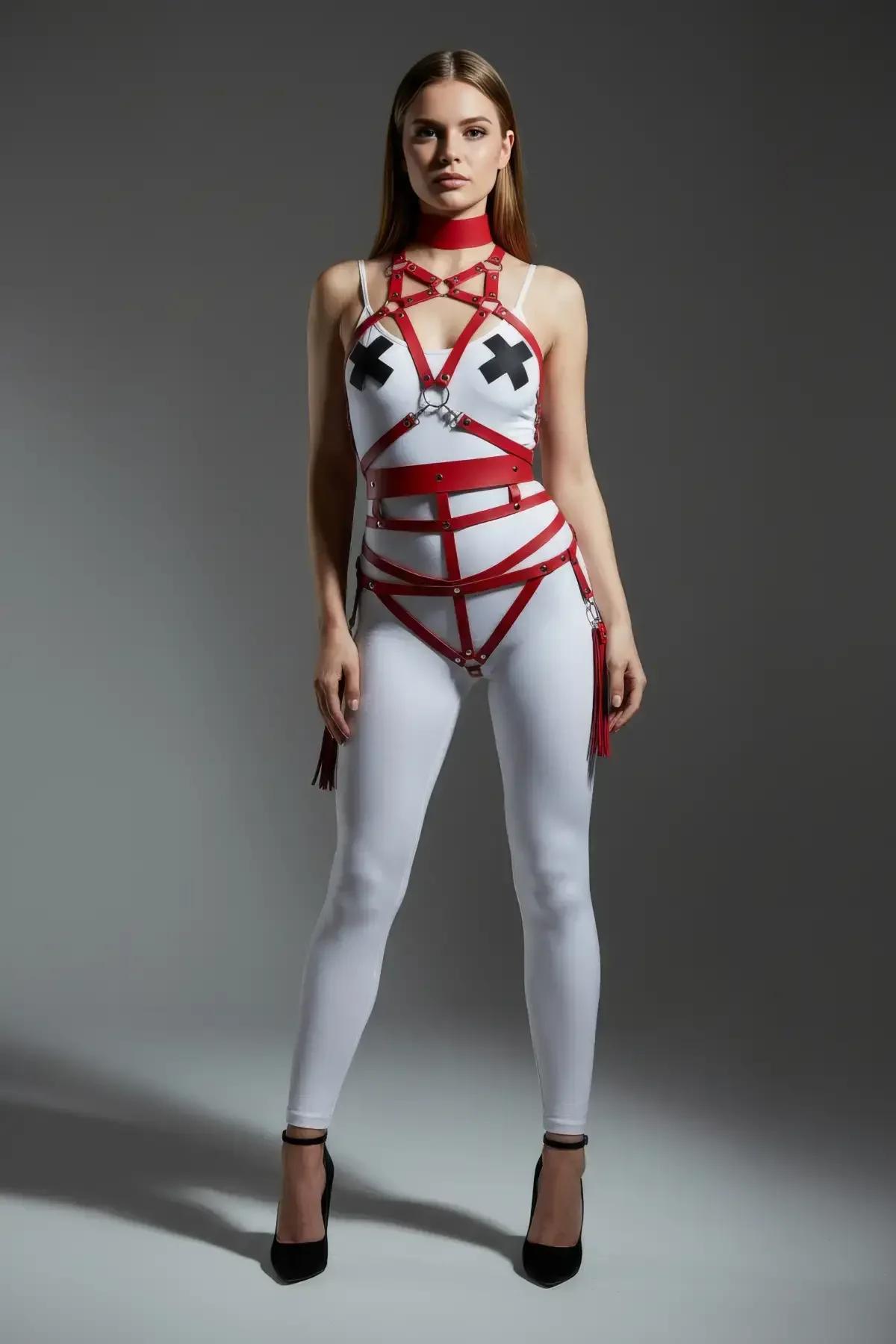 Eşleşen çoker ve gümüş çıtçıt aksesuar yakın çekimli kırmızı PU deri vücut harness
