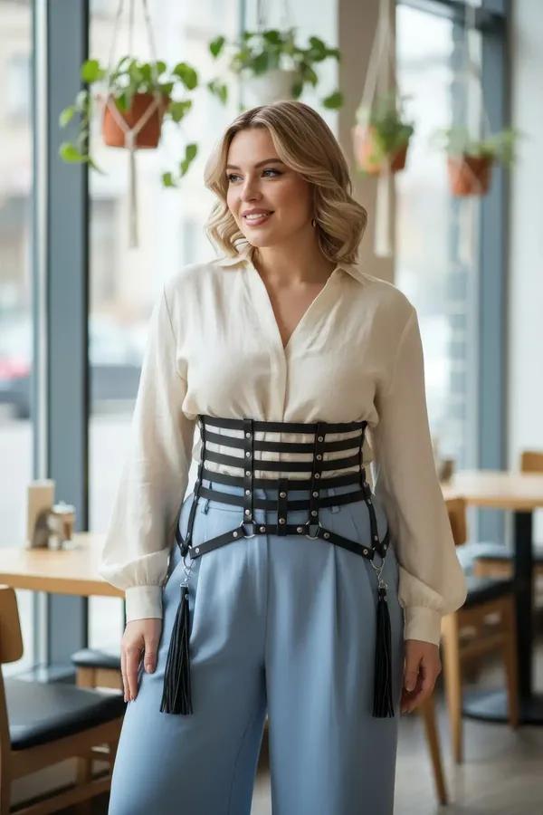 Krem bluz üzerine giyilmiş gümüş zımbalı ve çıkarılabilir siyah püsküllü siyah suni deri çok askılı korse bel harness