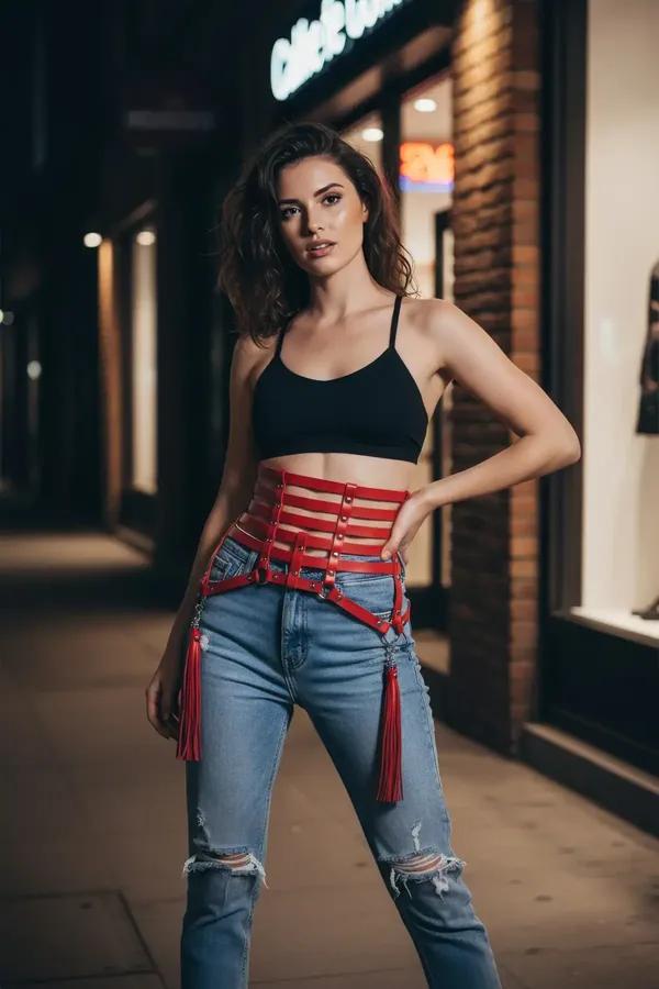 Kot pantolon üzerinde pirinç perçinler ve çıkarılabilir yan püsküllü kırmızı suni deri kafesli bel harness