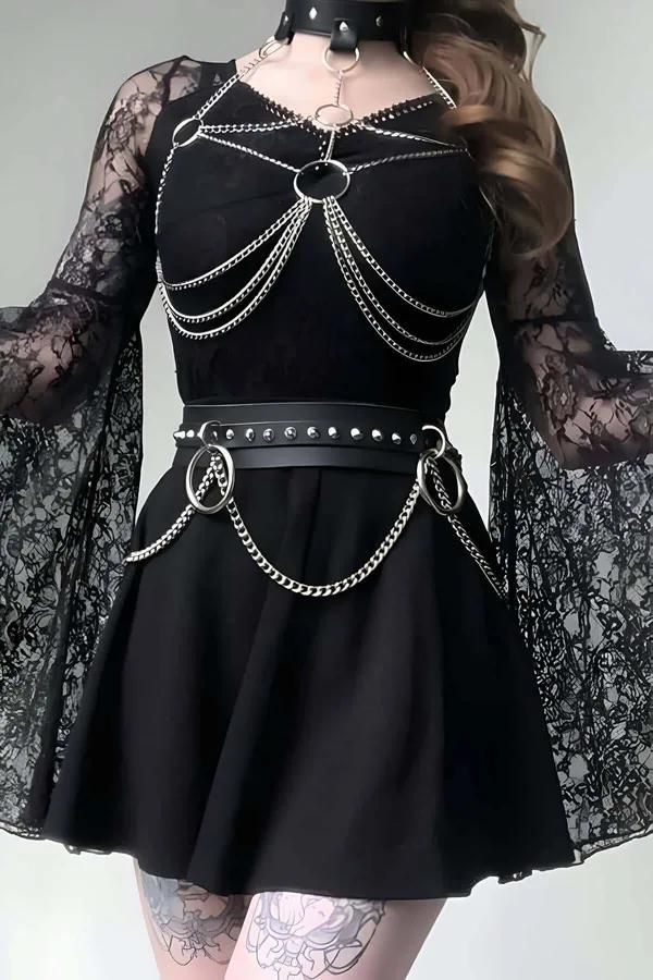 gümüş çok telli göğüs zincirleri ve zımbalı bel kemeri O-halkalı siyah suni deri zincirli vücut harness seti