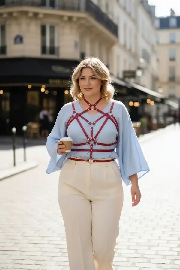 açık mavi bluz üzerine gümüş zımba donanımlı bordo suni deri kafes vücut harness ve bel kemeri