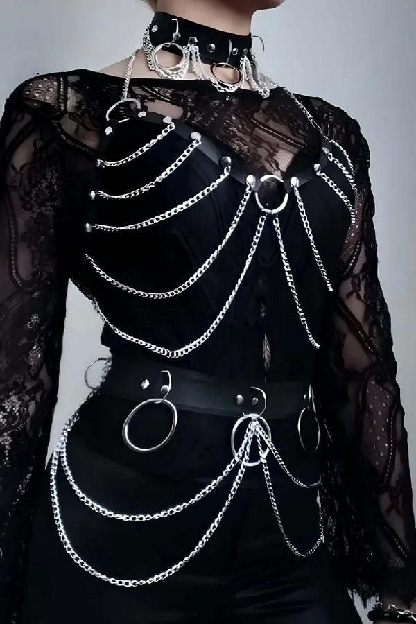 gümüş zincir O-halka gotik tarzda göğüs, bel ve boyunluk setli siyah suni deri vücut harness