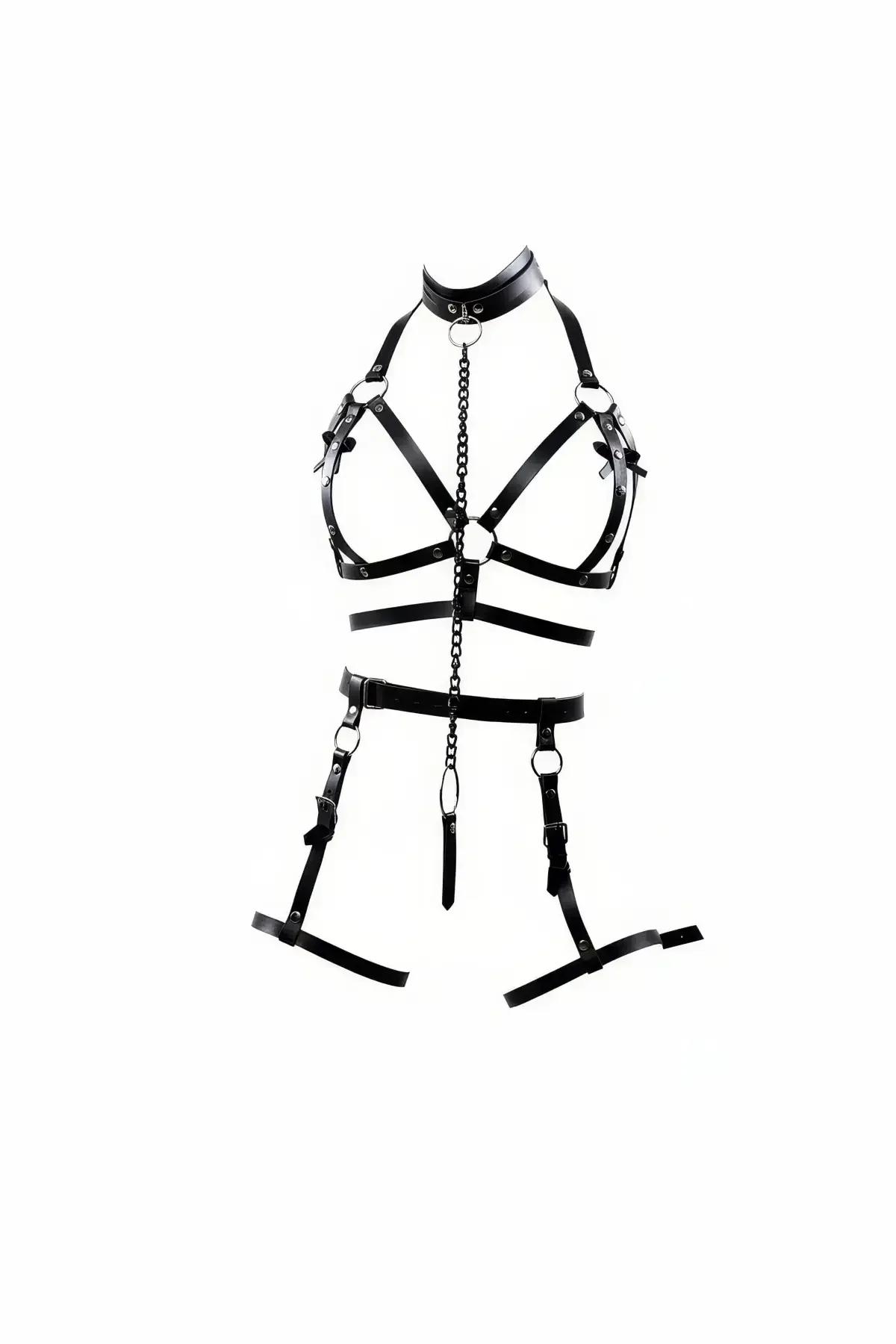 Yüksek yakalı gümüş zincir O-halkalar ve ayarlanabilir jartiyer uyluk bantlı siyah suni deri tam vücut harness