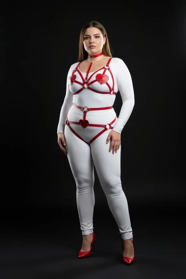 Beyaz body üzerine giyilen kalp aksan yamalar, gümüş O-halkalar ve eşleşen çoker içeren kırmızı suni deri vücut harness ve tanga seti
