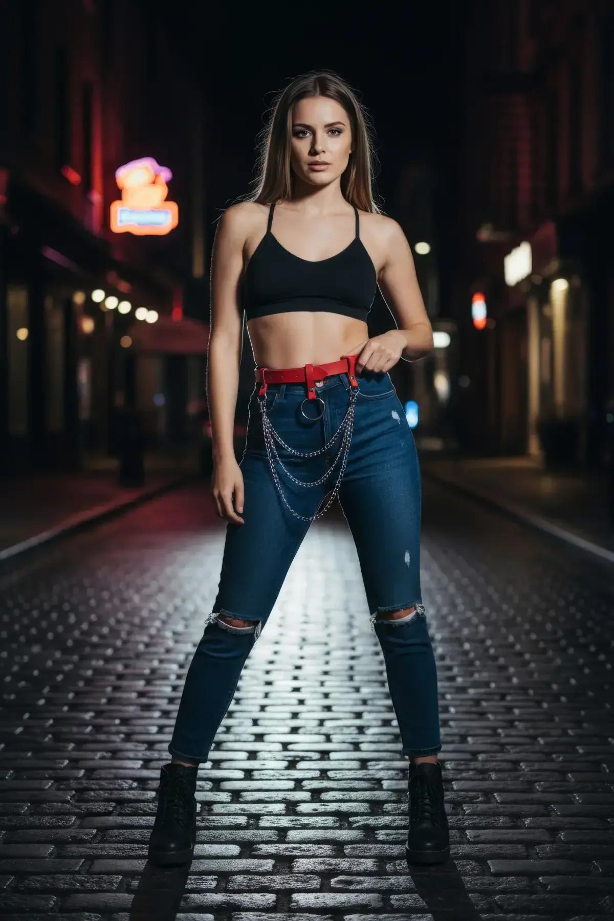Açık mavi denim ön üzerinde sarkan gümüş link zincirli kırmızı bel harness