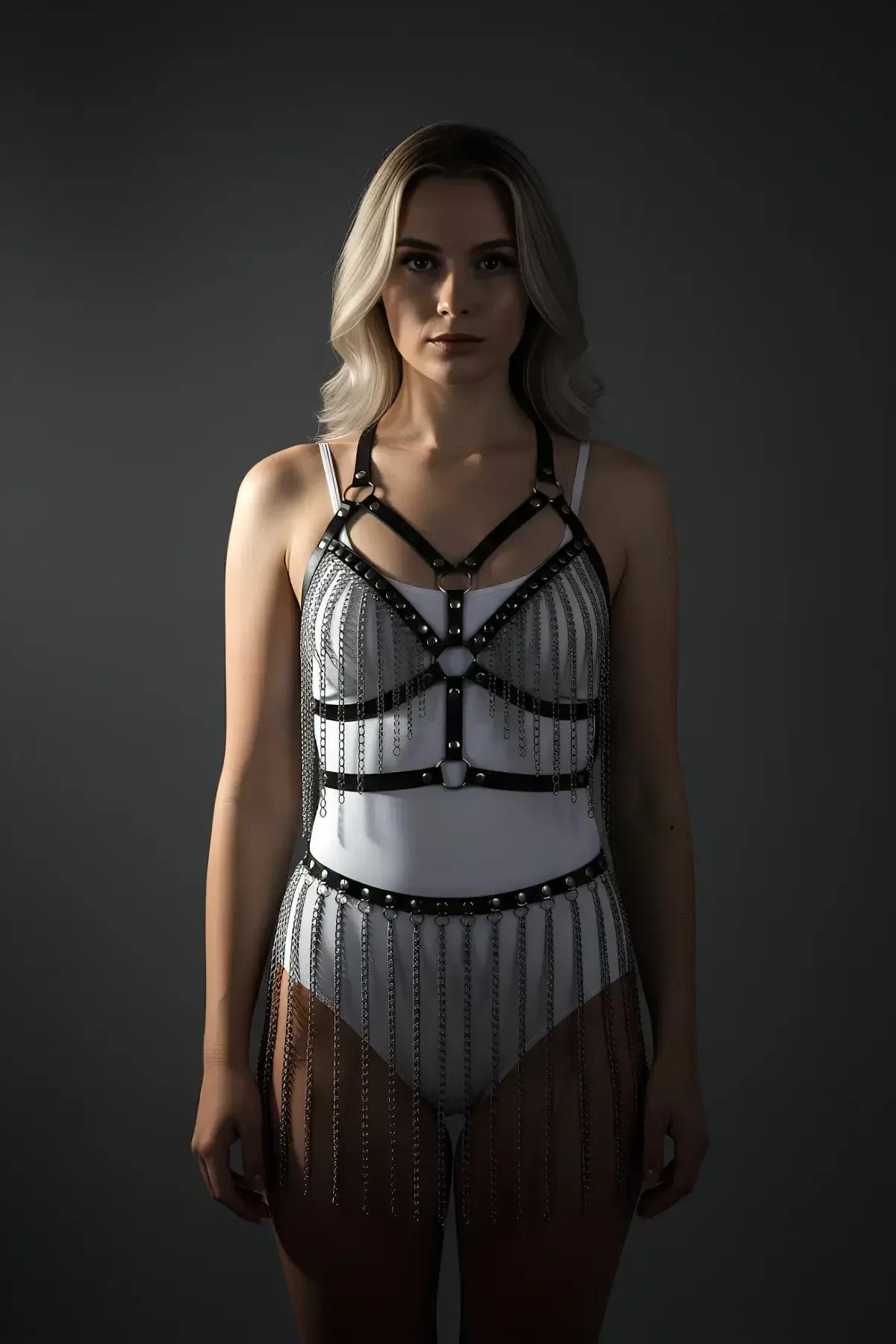 Dar beyaz bodysuit üzerine katmanlı iki parçalı siyah deri harness ve zincir etek setinin tam boy görünümü