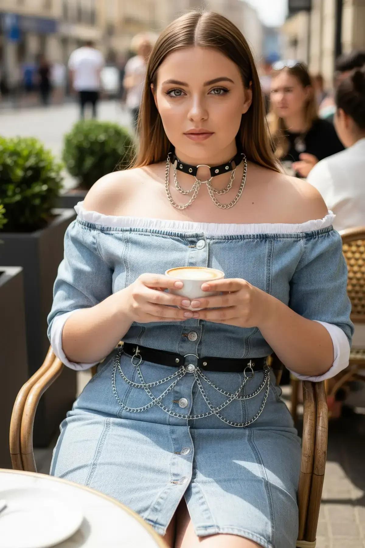 siyah choker gümüş halka ve zincir detay boyun aksesuarı büyük beden
