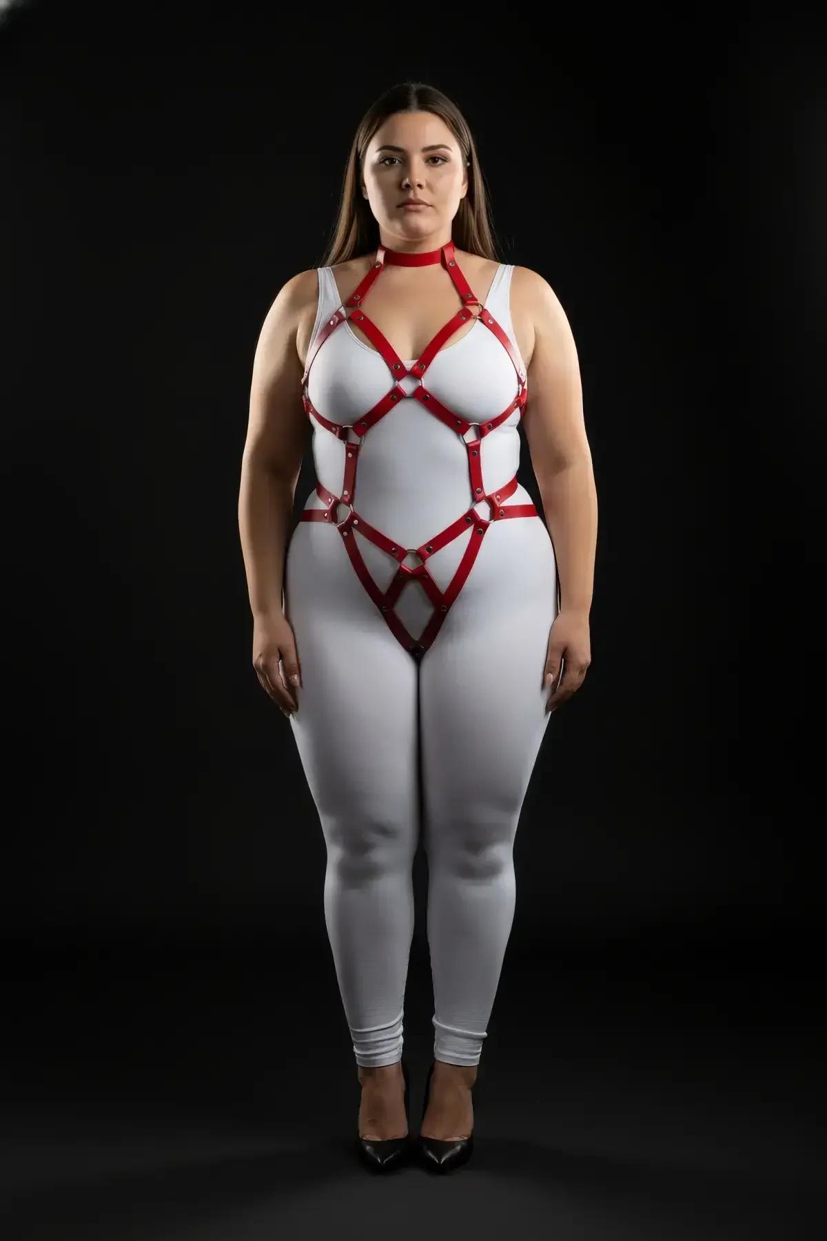 Kırmızı vücut harness çıkarılabilir çoker detayı, ayarlanabilir toka kapama, 30-38 cm boyun uyumu