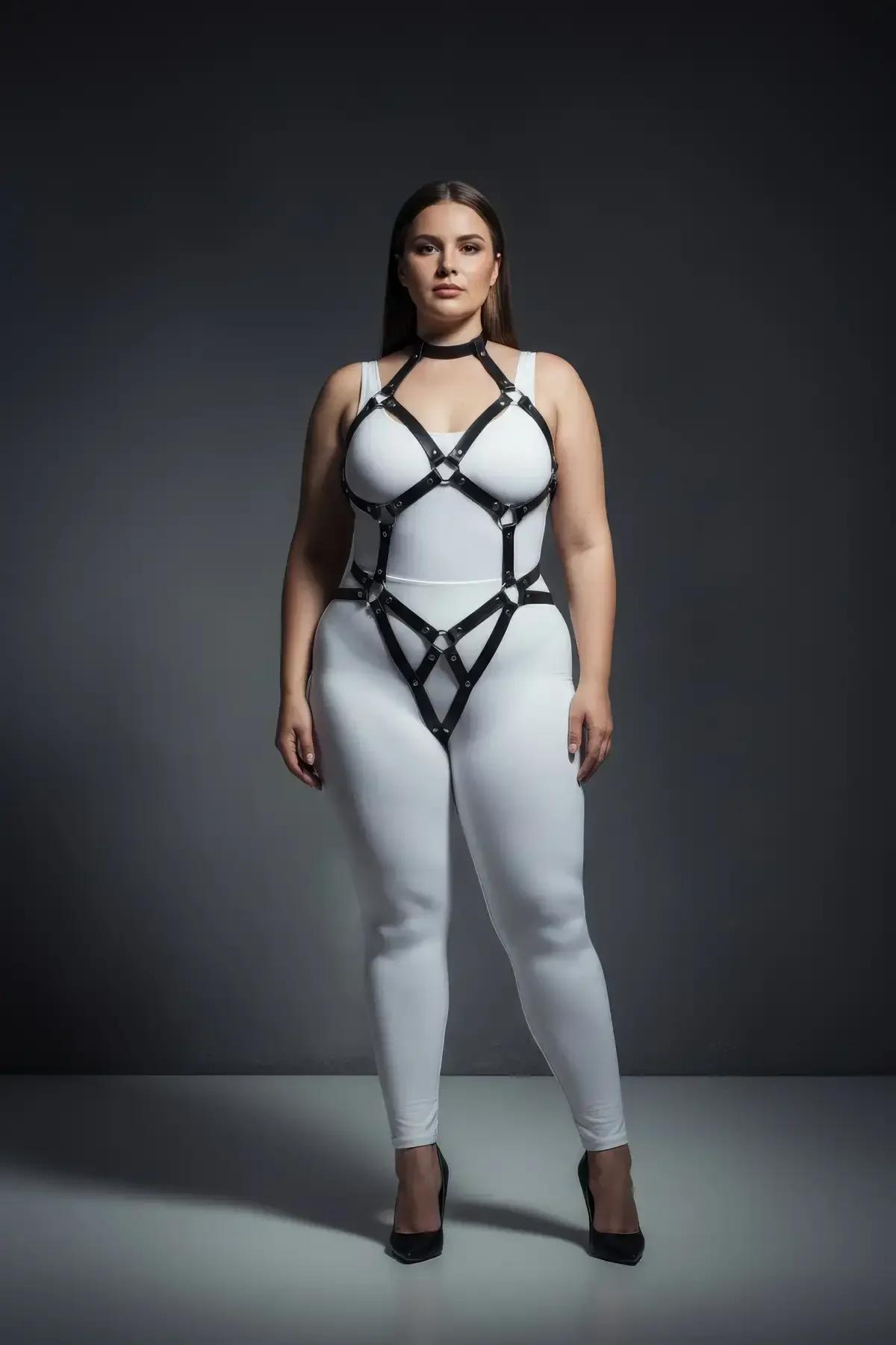 Omuz ve kalça askılarını gösteren siyah O-halka vücut harness tam boy arka görünüm