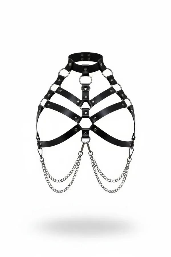 O-halka çoker, beş askılı kafes göğüs tasarımı ve üç katmanlı sallantı gümüş zincirli siyah suni deri halter vücut harness