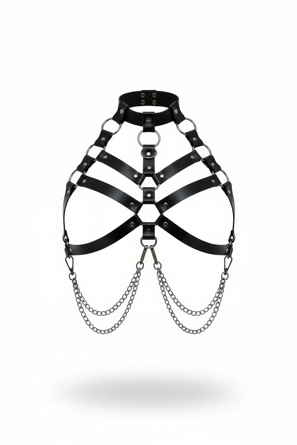 O-halka çoker, beş askılı kafes göğüs tasarımı ve üç katmanlı sallantı gümüş zincirli siyah suni deri halter vücut harness