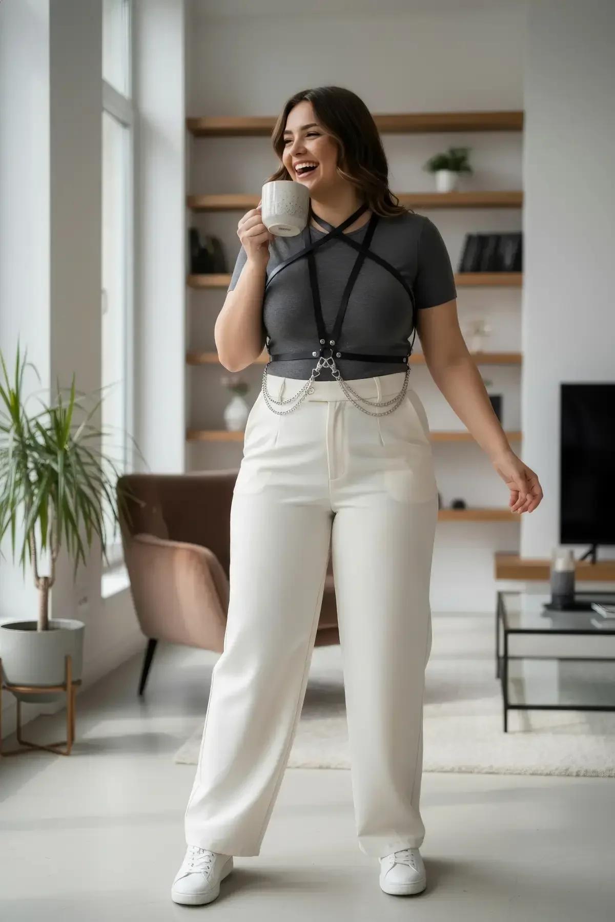 Siyah PU deri harness gümüş metal halka ve üç katmanlı zincir bel detayı yakın çekim