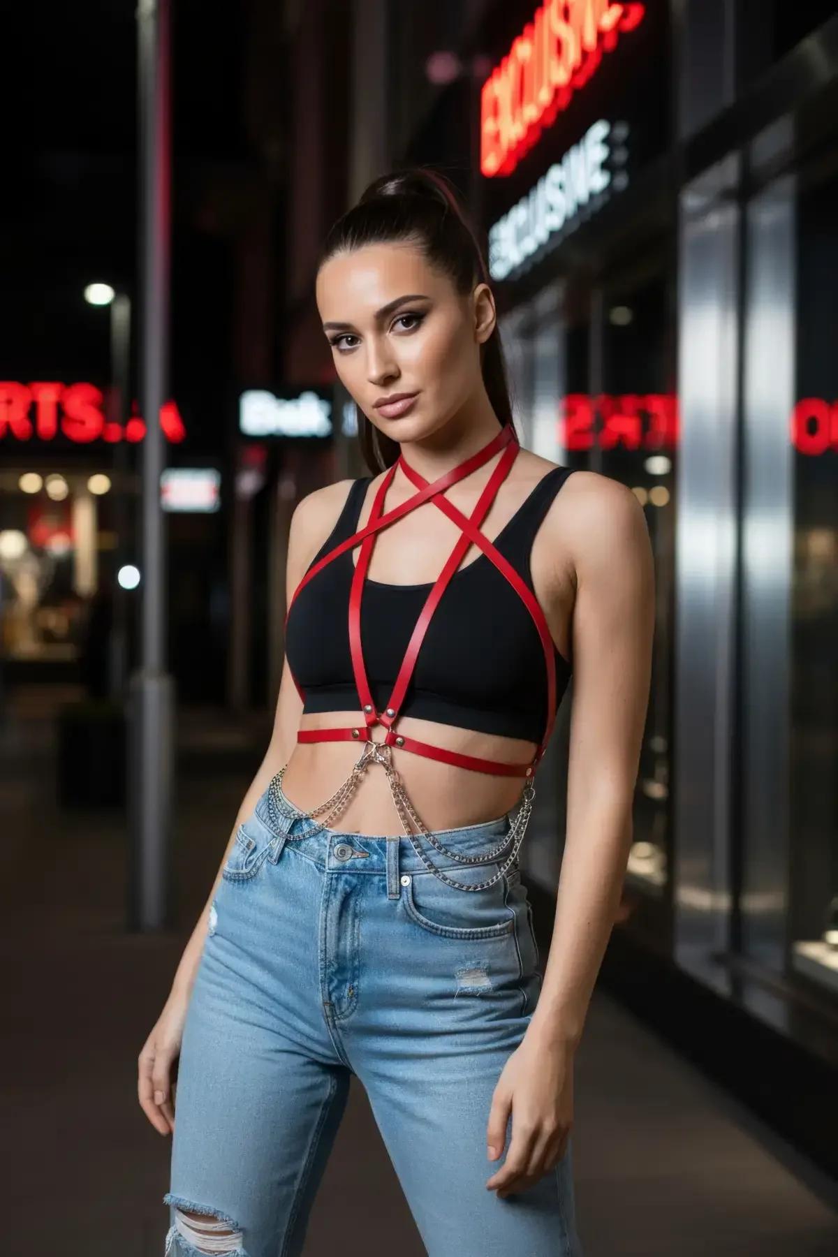 Kot sokak kıyafeti üzerinde üç sallantı gümüş alaşım bel zincirli kırmızı vücut harness