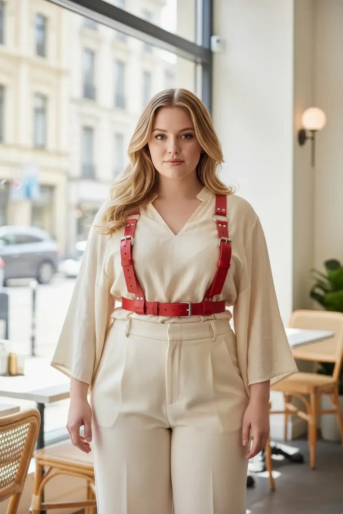 krem bluz ve pantolon üzerine gümüş tokalı askılı kırmızı suni deri bel harness