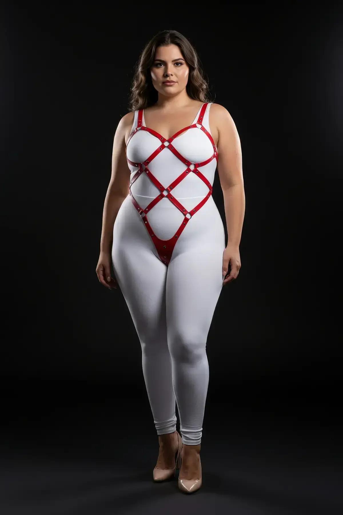 Göğüs yayı çerçevesi ve ayarlanabilir omuz askılı kırmızı tam vücut harness önden görünüm