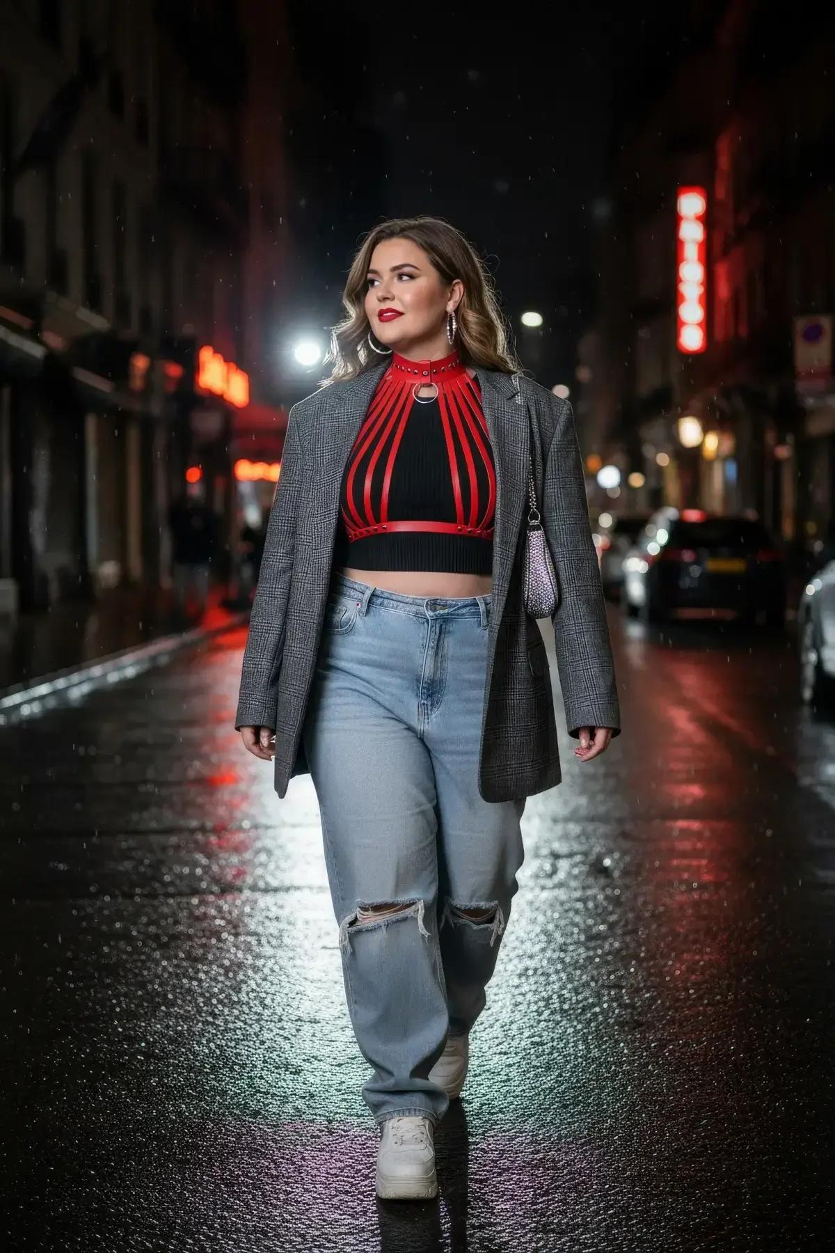 beyaz bodysuit ve geniş paça kot üzerine katmanlı kırmızı kafes harness sokak stili