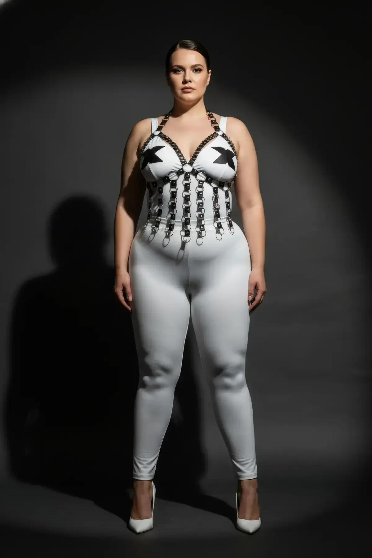 Beyaz bodysuit üzerinde katmanlı beyaz O-halka göğüs harness, monokrom stil
