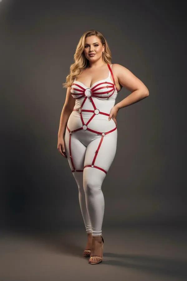 Beyaz body ve tayt üzerine giyilmiş gümüş O-halka detaylı ve uyluk askılı kırmızı tam vücut kafes harness