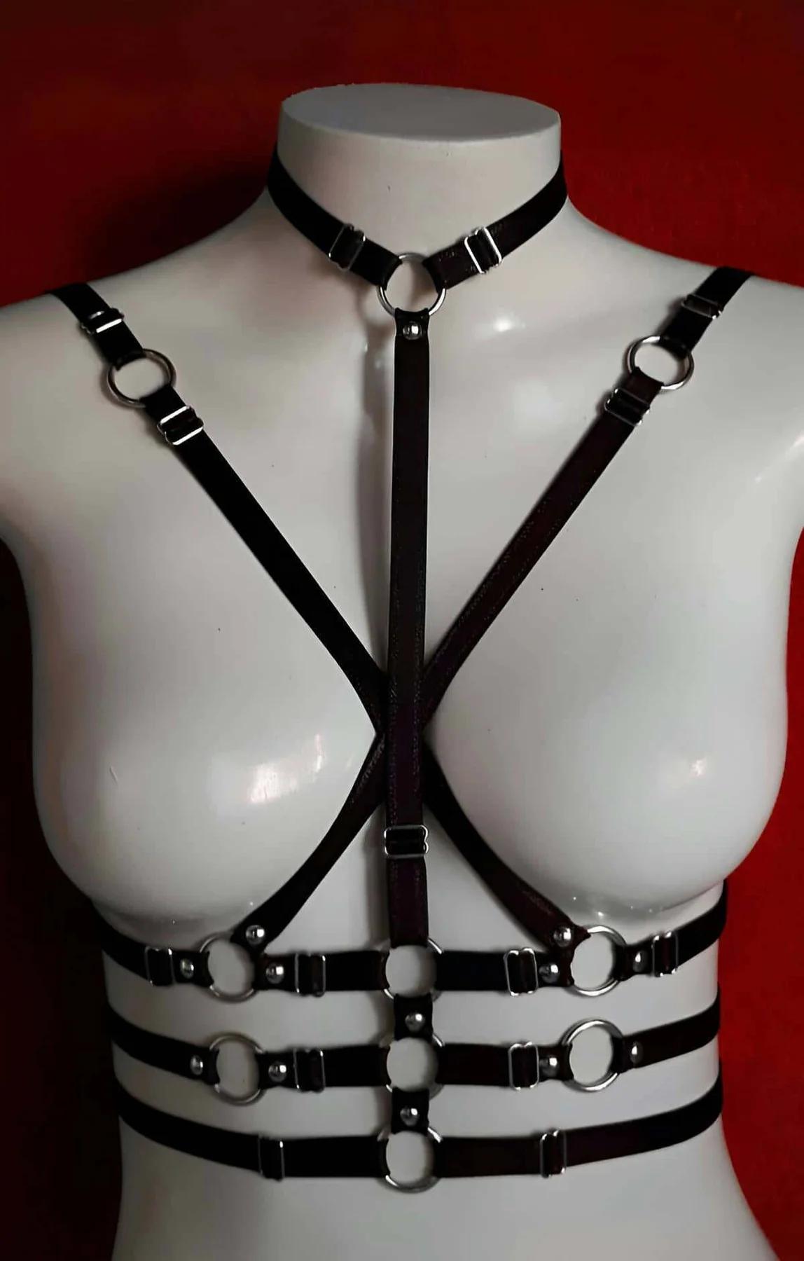 ön O-halkalı çoker boyunluk ve yatay bel bandı detayını gösteren siyah tam vücut harness'ın arka açısı